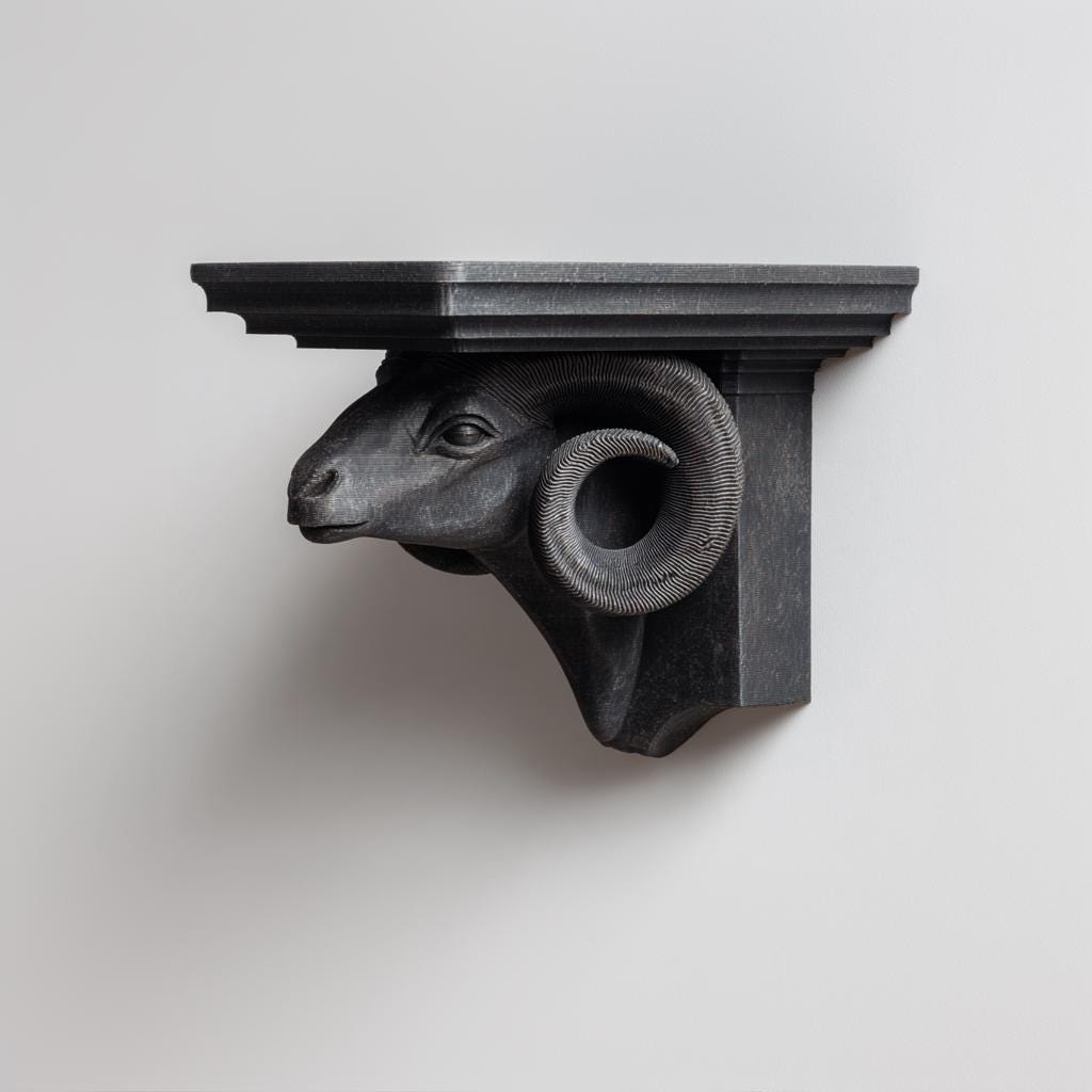 3D Printed Ram Head Wall Shelf | Zodiac Aries Floating Ledge | Animal Decor for Gothic Interiors, Astrology Lovers and Statement Walls