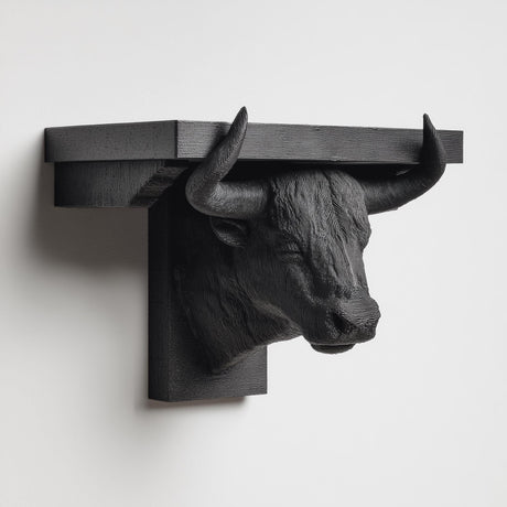 3D printed bull head wall shelf with long curved horns supporting a flat floating ledge, mounted on a clean minimalist wall.