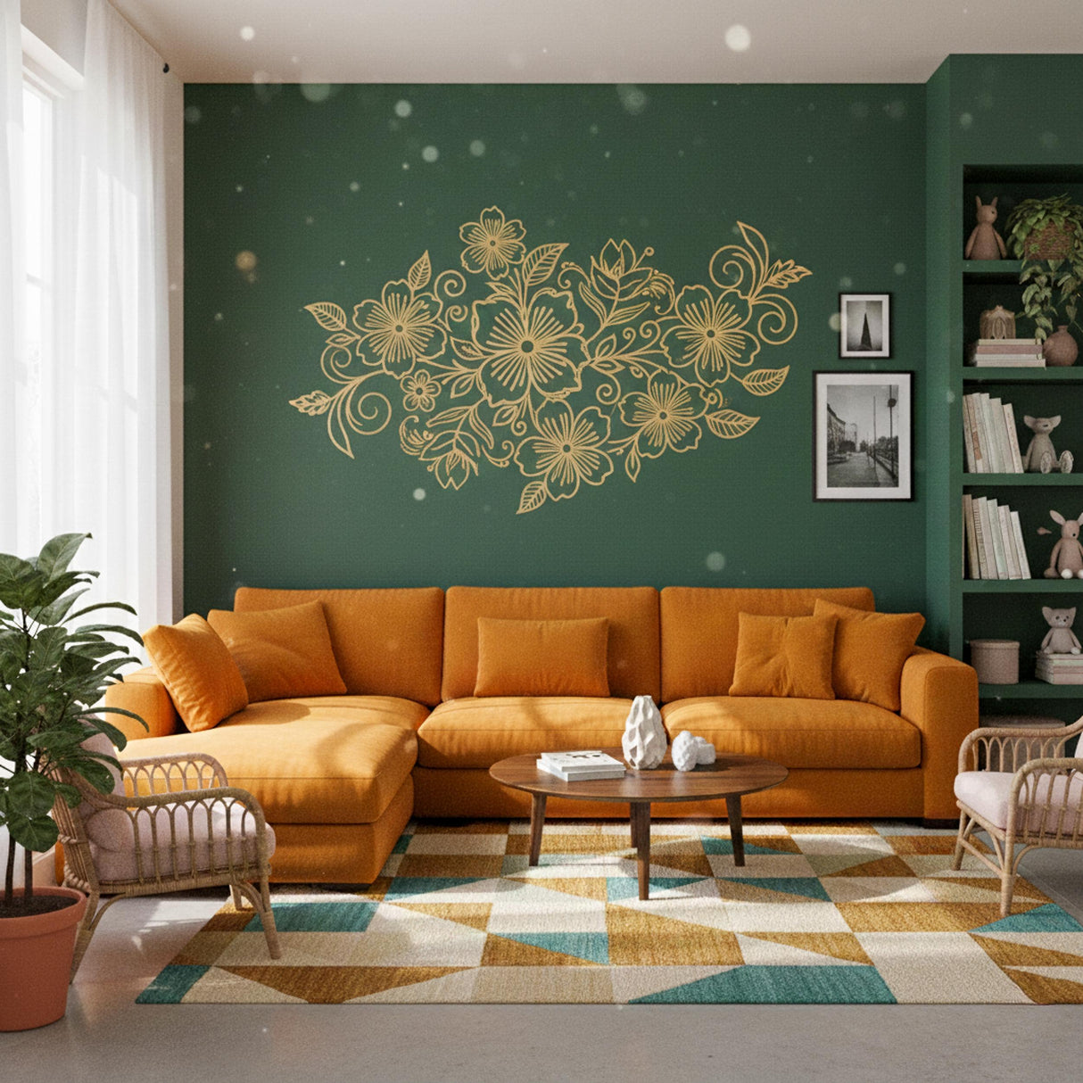 Golden Floral Wall Decal | Minimalist Flower Line Art