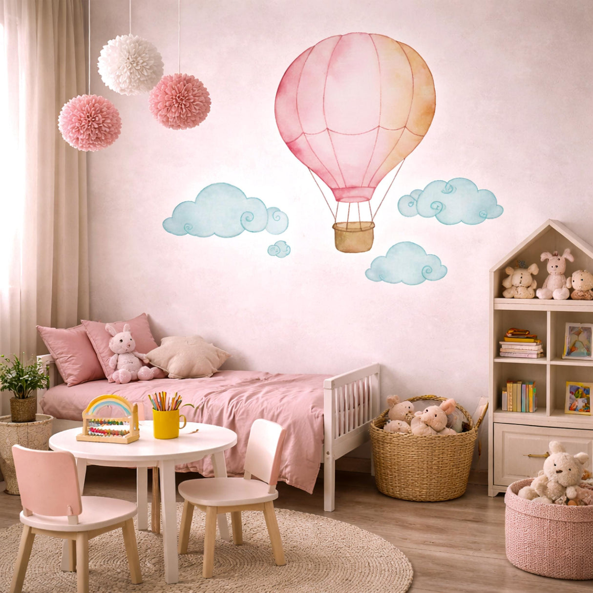 Pink Hot Air Balloon Wall Decal | Watercolor Nursery Decor for Girls
