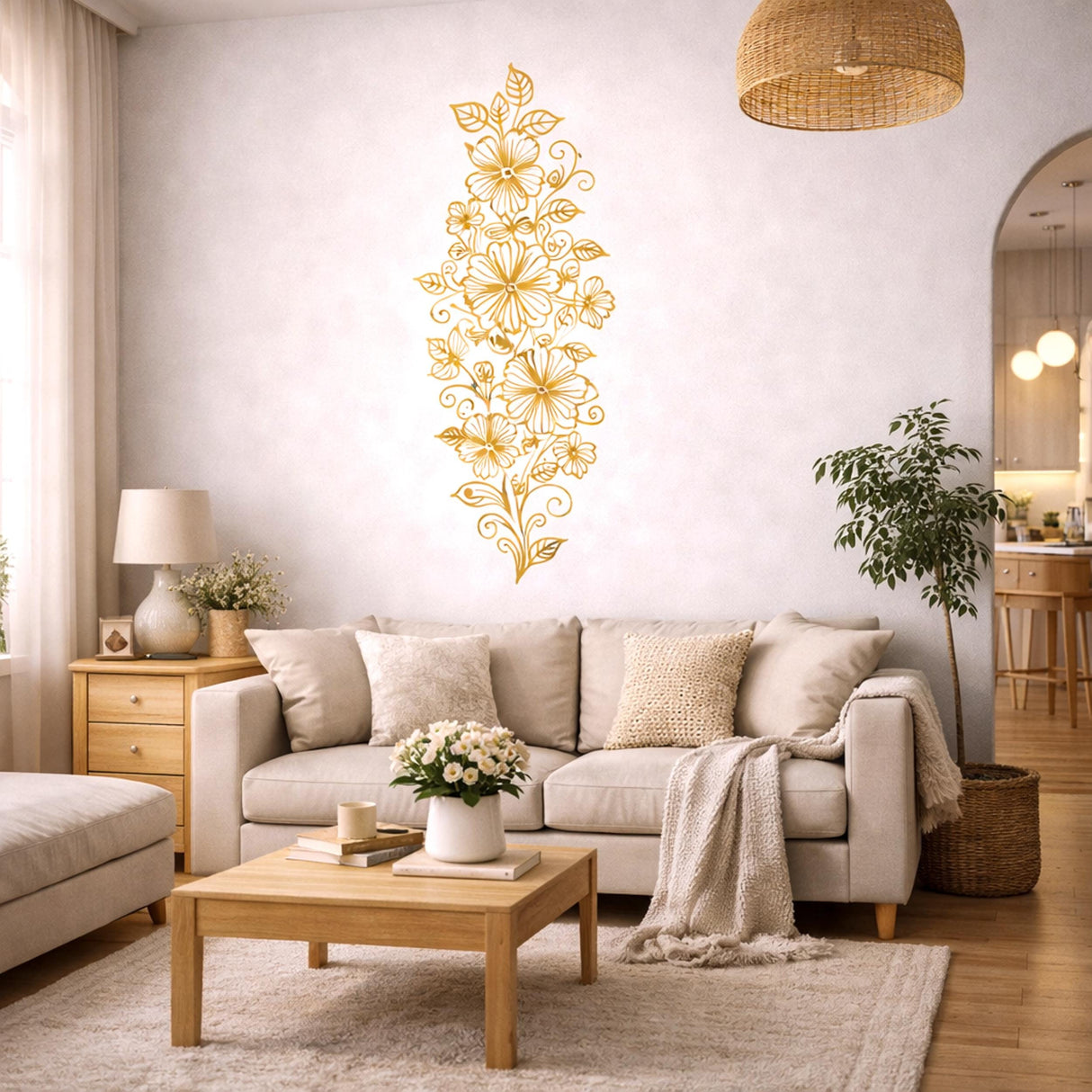 Vertical Gold Floral Wall Decal | Tall Flower Line Art
