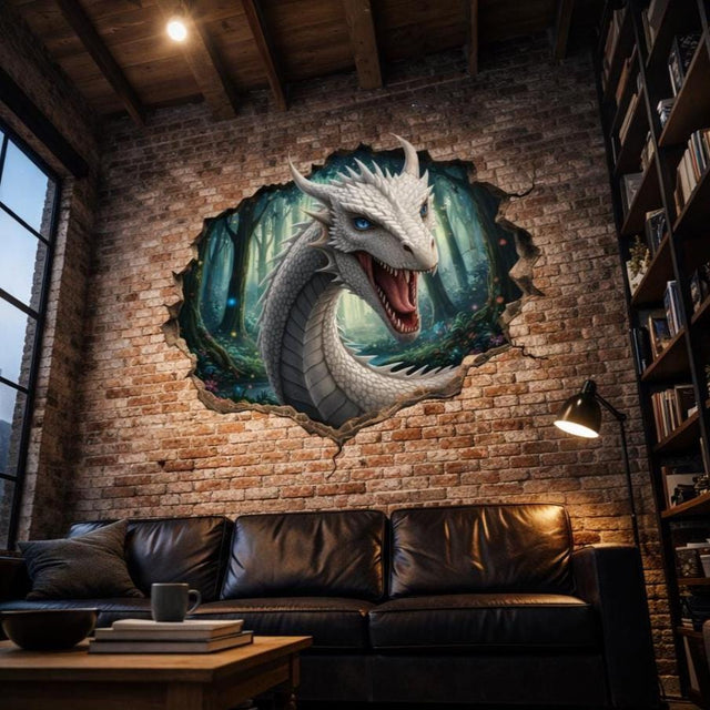 A majestic white dragon with striking blue eyes and detailed scales peers through a jagged circular hole in a wall, revealing a glowing green forest with misty trees and colorful flowers in the background.