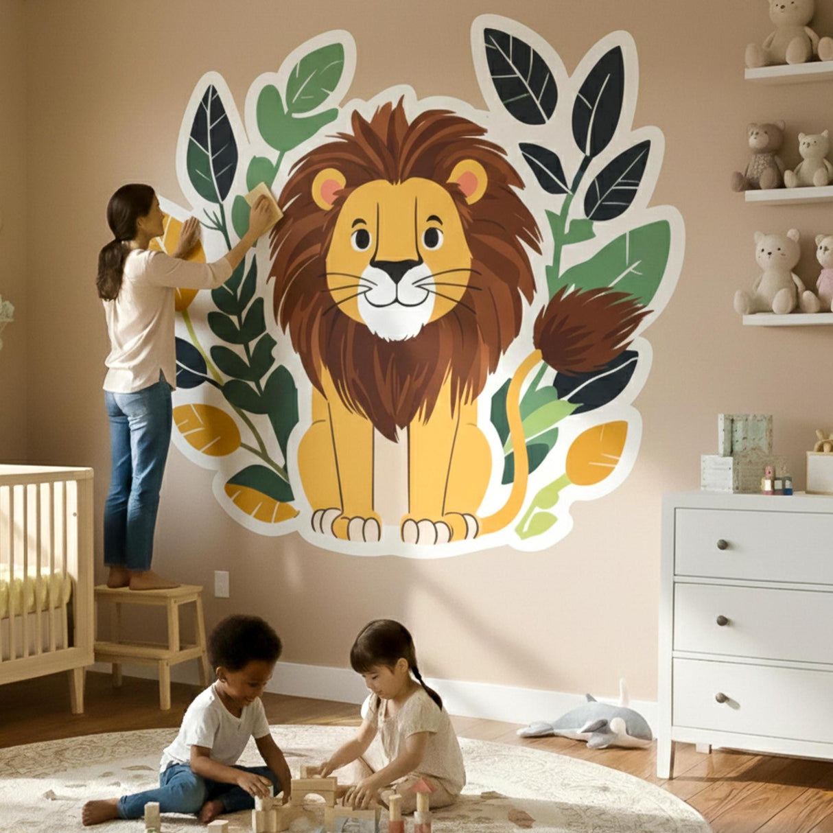 A cute, smiling cartoon lion with a brown mane sitting in front of a decorative wreath of dark green, light green, and orange leaves.