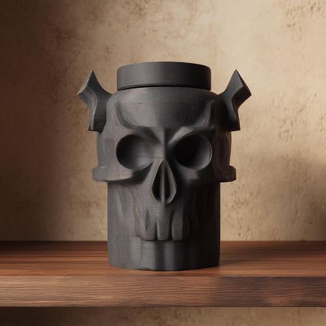 3D printed dark fantasy pet cremation urn shaped as a horned skull, gothic memorial decor displayed on a wooden shelf.