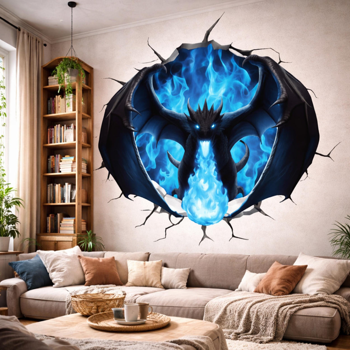 3D Blue Fire Dragon Wall Decal | Cracking Mythical Wall Sticker | Gamer Room Decor | Ice Dragon Breathing Fire | Teen Boy Bedroom Art