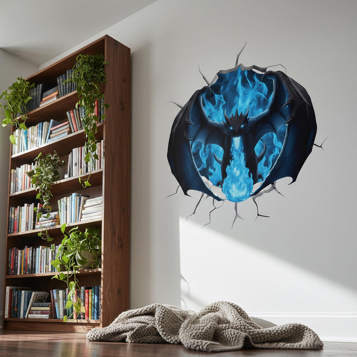 3D Blue Fire Dragon Wall Decal | Cracking Mythical Wall Sticker | Gamer Room Decor | Ice Dragon Breathing Fire | Teen Boy Bedroom Art
