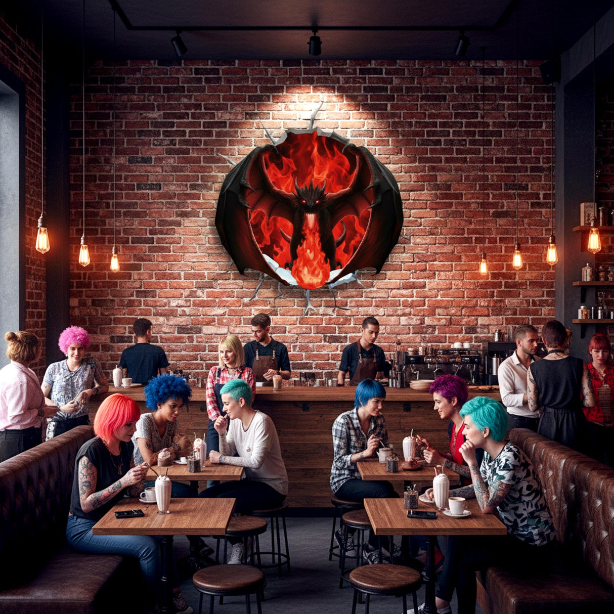 3D Red Fire Dragon Wall Decal | Cracking Wall Fantasy Mural | Gamer Room Decor | Red Dragon Breathing Fire | Epic Fantasy Wall Art