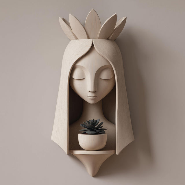 3D printed wall mounted fairy face planter shelf with a small succulent pot, featuring a serene sculptural face and crown-like details, displayed on a neutral wall.