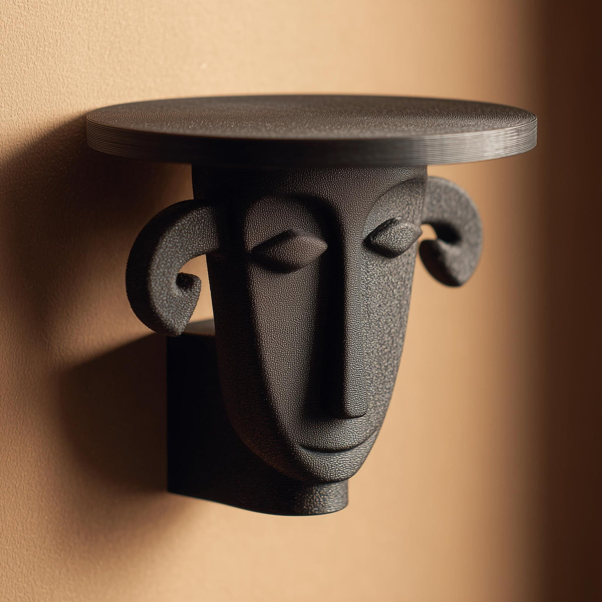 3D printed wall mounted face shelf with a flat circular top, sculptural facial features, and matte dark surface mounted on a warm textured wall.
