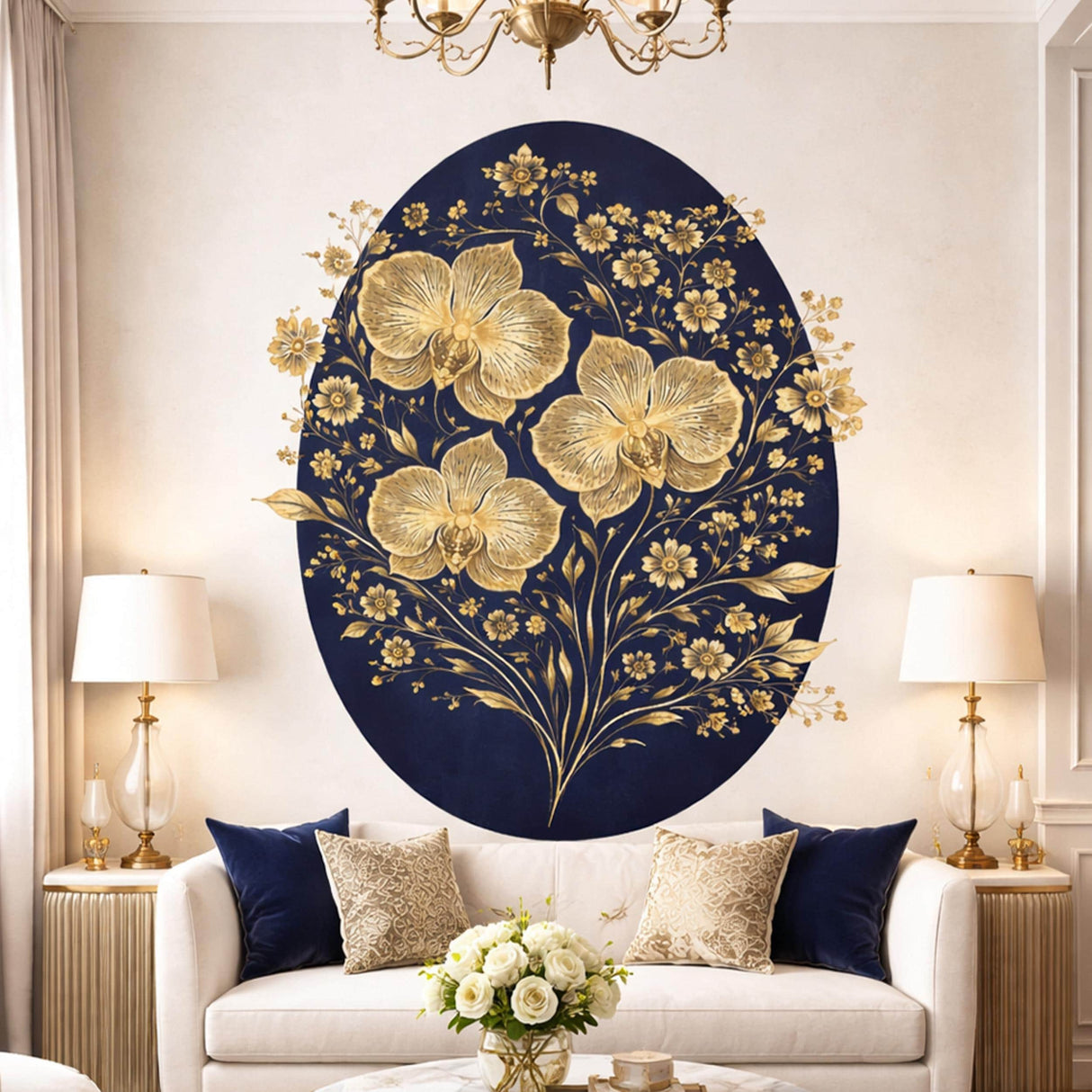 Golden Orchid Wall Decal | Navy Blue and Gold Botanical Art | Luxury Floral Wall Sticker | Modern Glam Home Decor | Elegant Orchid Print