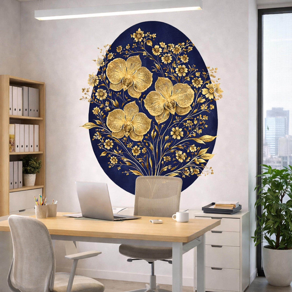 Golden Orchid Wall Decal | Navy Blue and Gold Botanical Art | Luxury Floral Wall Sticker | Modern Glam Home Decor | Elegant Orchid Print