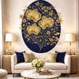 A sophisticated illustration featuring several large golden orchids and clusters of smaller golden flowers on a deep navy blue oval background. The flowers are rendered with intricate line work, and the entire composition is centered on a clean white background.