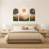 Boho Landscape Wall Art | Set Of 3 Arched Prints | Celestial Sun And Moon Decor | Mid Century Modern Mountain Art | Earthy Tone Gallery Wall