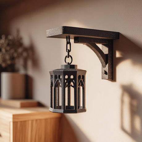 3D printed gothic hanging wall decor with lantern-style ornament suspended on a chain from a decorative wall bracket, matte PLA texture.