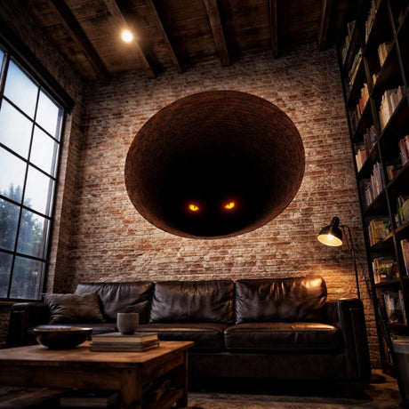 A circular 3D wall decal depicting a dark, deep tunnel made of reddish-brown bricks. At the very bottom of the dark shadows, two bright, glowing orange eyes are visible, staring outward.