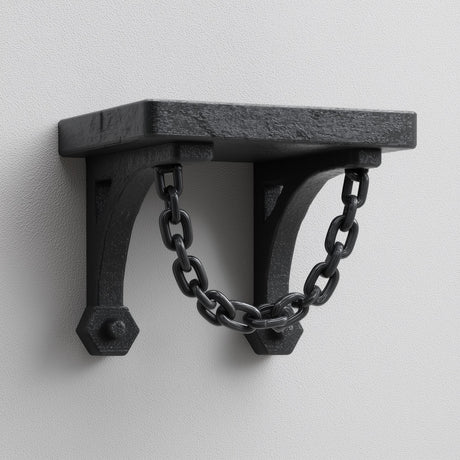 3D printed matte black wall shelf with two curved brackets connected by a decorative hanging chain, mounted on a light textured wall.