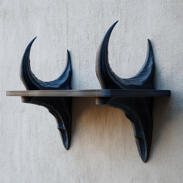 3D printed dark fantasy wall shelf supported by two curved dragon horn sculptures, mounted on a textured light wall with a slim floating ledge.