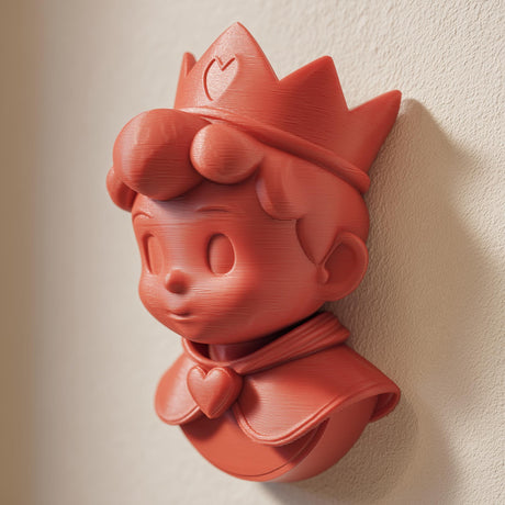 3D printed wall-mounted cute anime prince figure with a crown and heart-shaped cape detail, designed as kawaii fantasy wall decor.