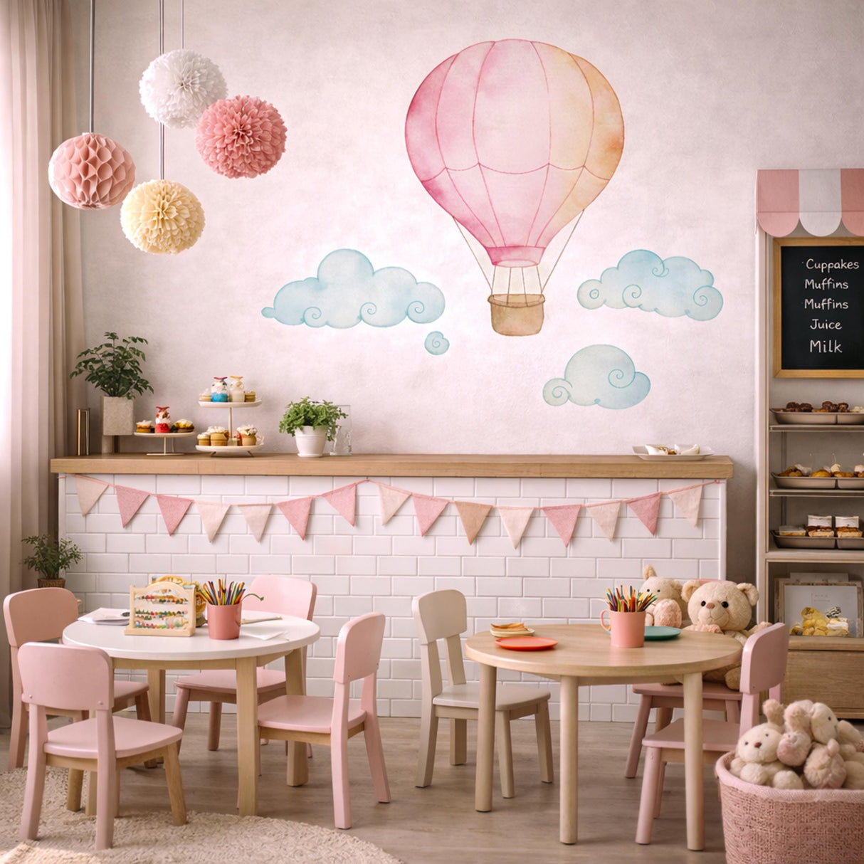 Pink Hot Air Balloon Wall Decal | Watercolor Nursery Decor for Girls