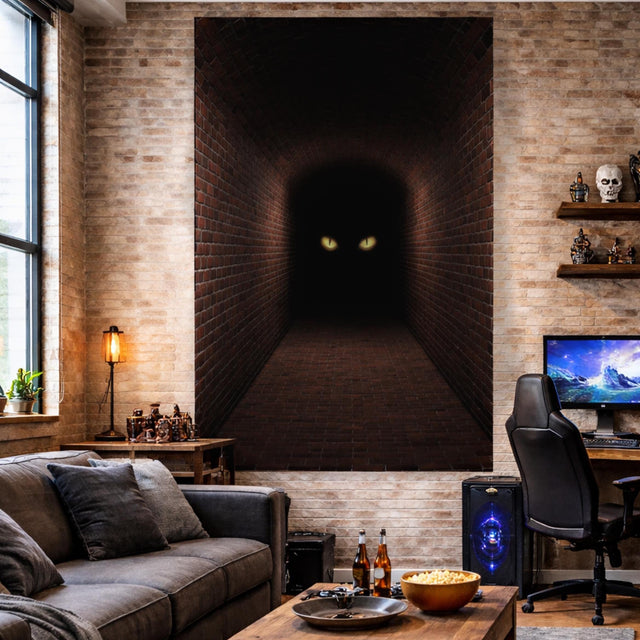 A vertical 3D wall decal showing a long, dark hallway with red brick walls, floor, and a curved ceiling. At the far end of the dark, shadowy corridor, two glowing yellow eyes are visible, staring forward from the blackness.