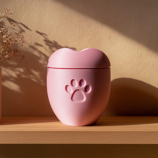 3D printed pet cremation urn with a soft heart-shaped lid and embossed paw print, designed as a minimalist memorial keepsake.
