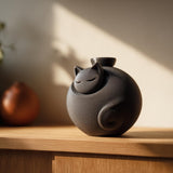 3D printed round pet memorial urn shaped like a sleeping cat, designed as a soft and minimalist cremation urn for cat remembrance.
