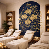 Gold Orchid Wall Decal | Navy Blue Floral Mural | Luxury Botanical Sticker | Elegant Arched Wall Art | Modern Glam Home Decor