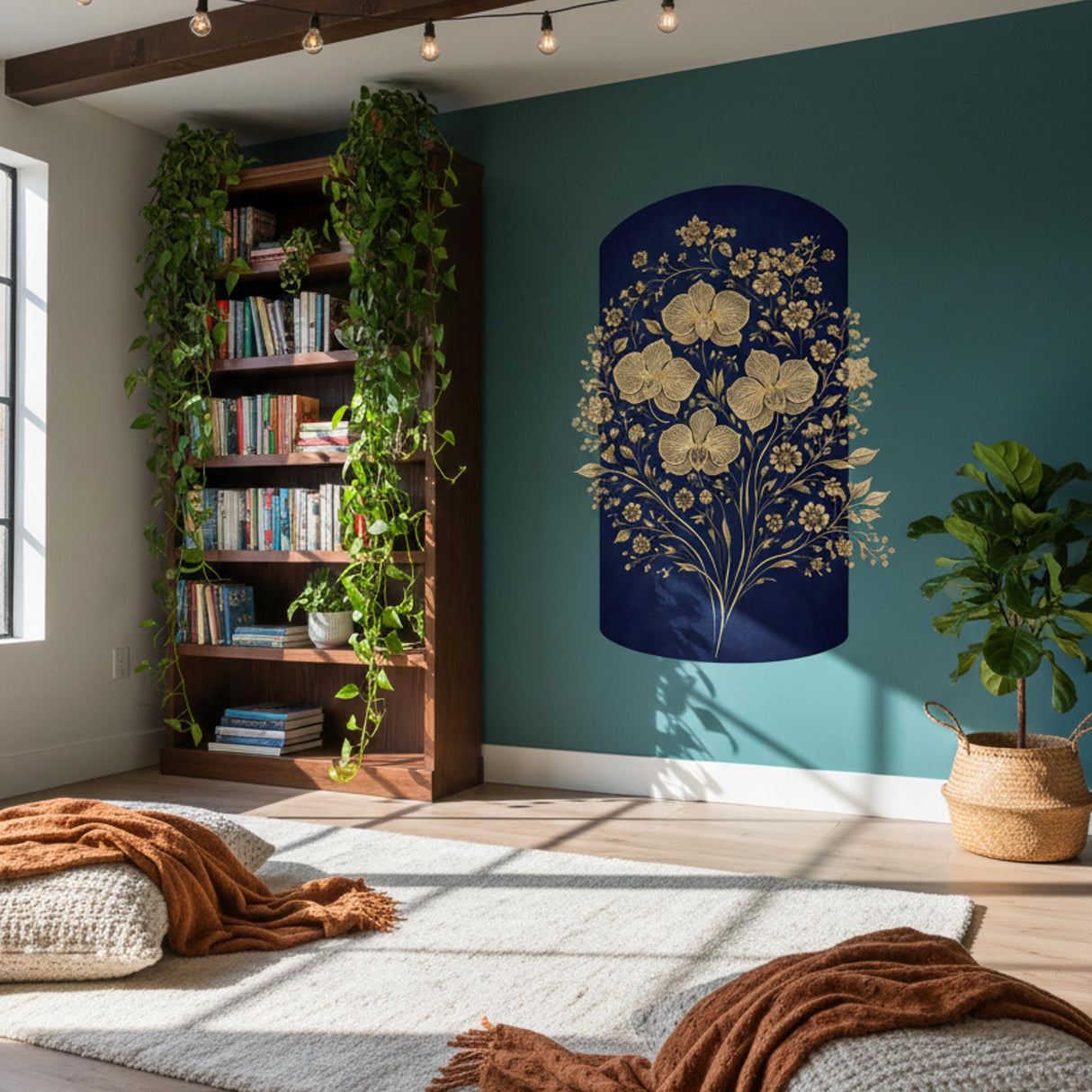 Gold Orchid Wall Decal | Navy Blue Floral Mural | Luxury Botanical Sticker | Elegant Arched Wall Art | Modern Glam Home Decor