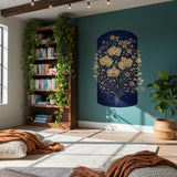 Gold Orchid Wall Decal | Navy Blue Floral Mural | Luxury Botanical Sticker | Elegant Arched Wall Art | Modern Glam Home Decor