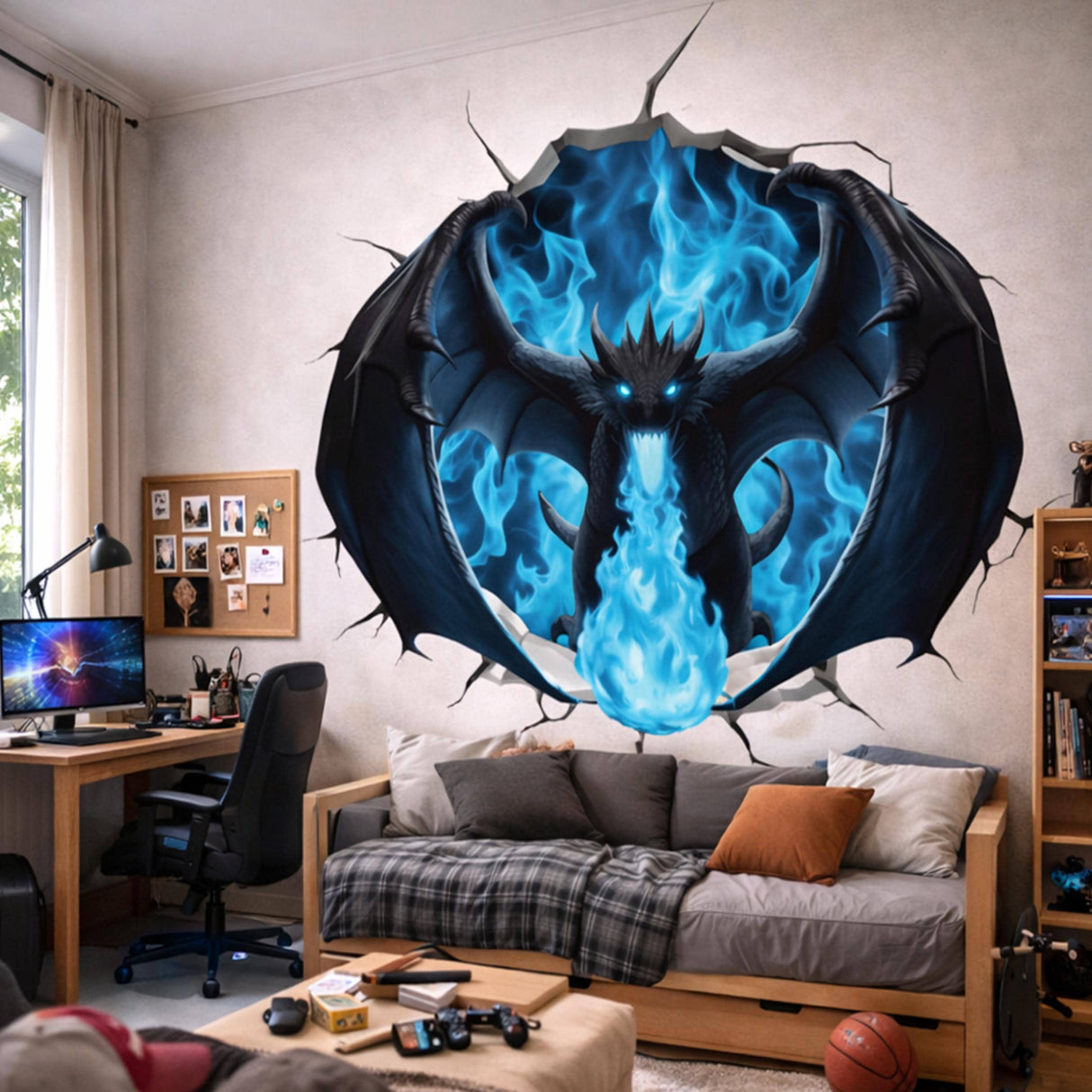 3D Blue Fire Dragon Wall Decal | Cracking Mythical Wall Sticker | Gamer Room Decor | Ice Dragon Breathing Fire | Teen Boy Bedroom Art