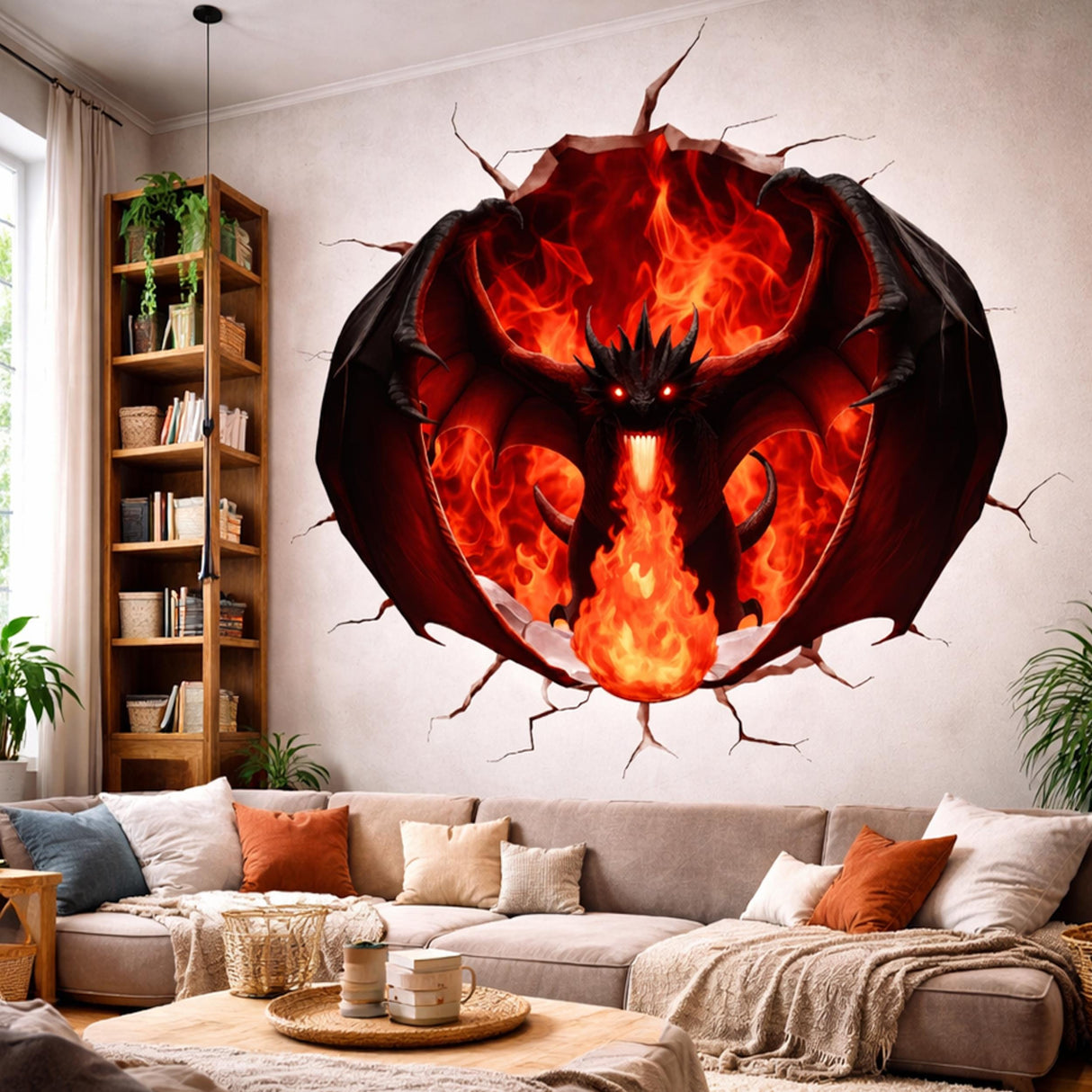 3D Red Fire Dragon Wall Decal | Cracking Wall Fantasy Mural | Gamer Room Decor | Red Dragon Breathing Fire | Epic Fantasy Wall Art