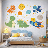 A collection of "Kawaii" style illustrations of dinosaurs in space on a white background. It includes five different dinosaurs wearing glass astronaut helmets, a blue rocket ship with a small orange creature inside, a smiling yellow sun, a grey moon, various planets, and small yellow stars.