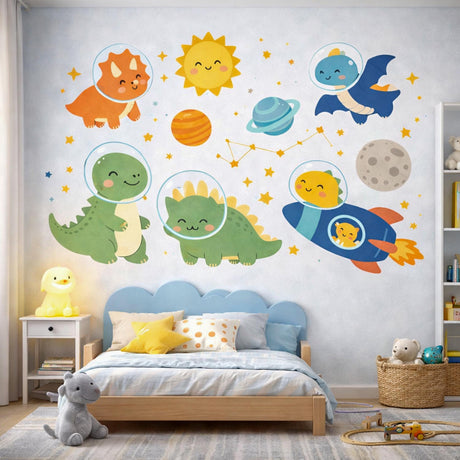 A collection of "Kawaii" style illustrations of dinosaurs in space on a white background. It includes five different dinosaurs wearing glass astronaut helmets, a blue rocket ship with a small orange creature inside, a smiling yellow sun, a grey moon, various planets, and small yellow stars.