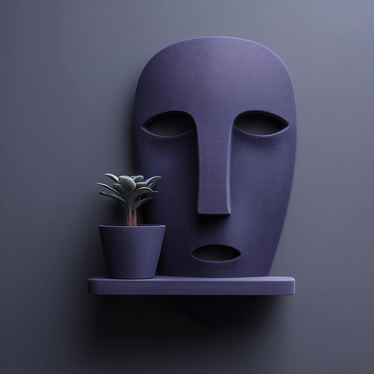 3D printed wall mounted face-shaped planter shelf with a small plant pot, displayed against a dark minimalist wall with soft directional lighting.