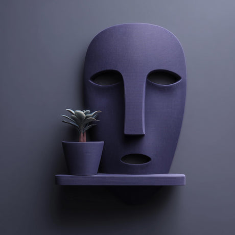 3D printed wall mounted face-shaped planter shelf with a small plant pot, displayed against a dark minimalist wall with soft directional lighting.