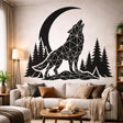 A black-and-white silhouette illustration of a wolf howling at a large crescent moon. The wolf is made of many small geometric triangles (low-poly style) and stands on a rocky, geometric base. A dense forest of black pine trees frames the scene on either side against a white background.