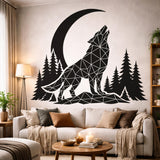 A black-and-white silhouette illustration of a wolf howling at a large crescent moon. The wolf is made of many small geometric triangles (low-poly style) and stands on a rocky, geometric base. A dense forest of black pine trees frames the scene on either side against a white background.