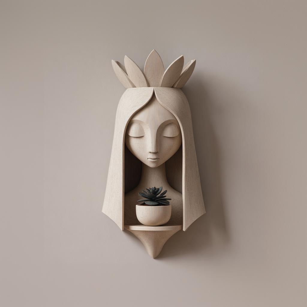 Wall Mounted Fairy Face Planter Shelf | 3D Printed Sculptural Wall Decor with Pot | Elegant Fantasy Art Shelf for Plants Modern Interiors