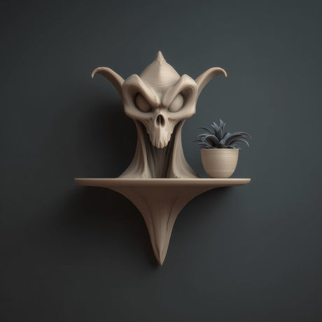 3D printed wall mounted shelf featuring a stylized skull sculpture with curved horns and an integrated shelf holding a small plant pot, shown in matte finish.