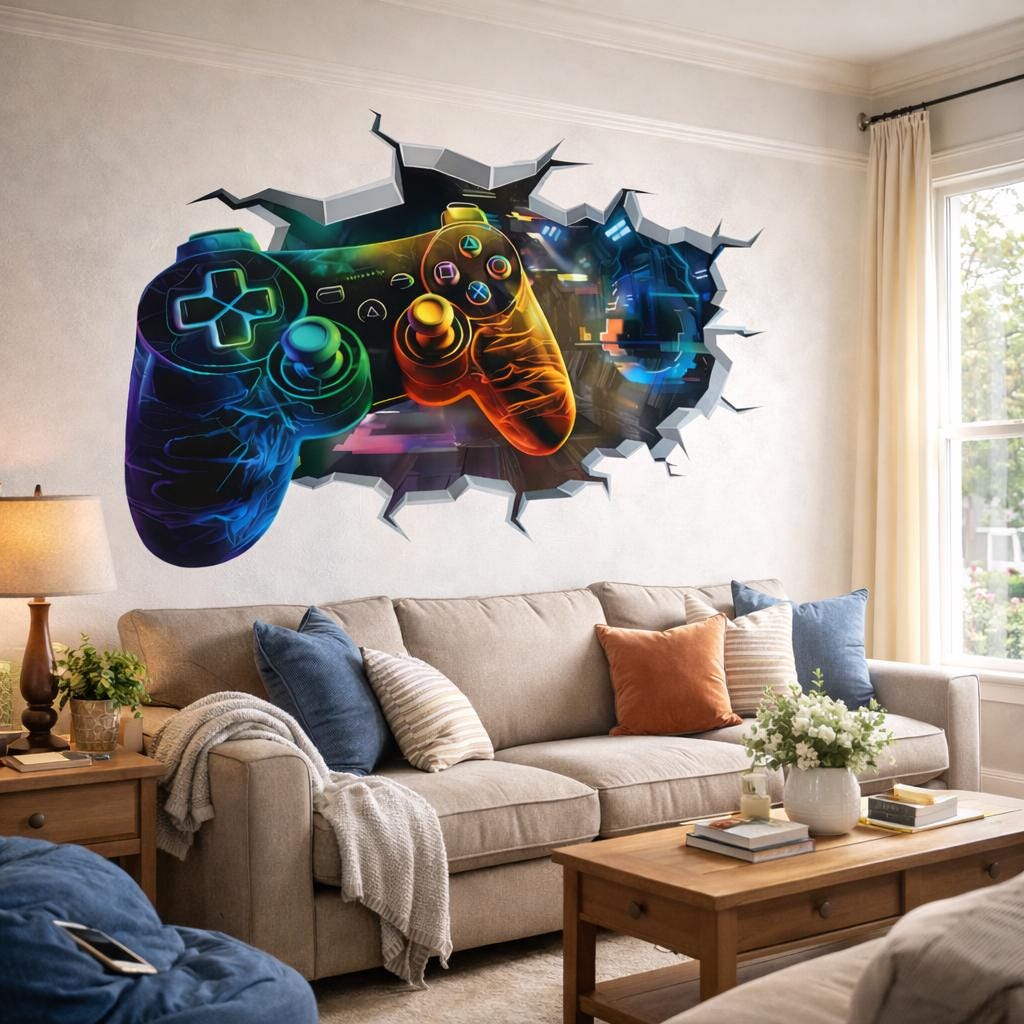 3D Gamer Wall Decal | Neon Game Controller Mural | Joystick Wall Smash Sticker | Teen Gaming Room Decor | Video Game Art Print