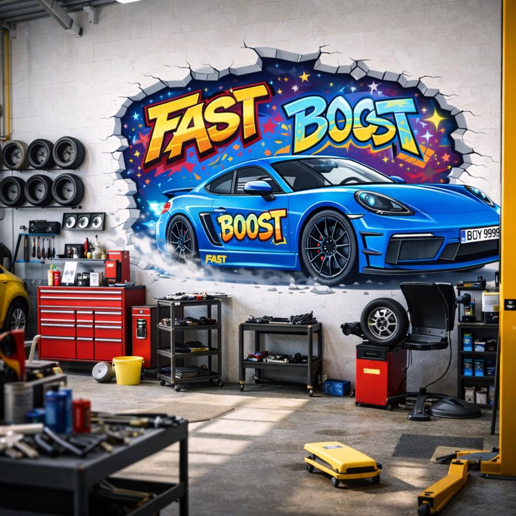 3D Blue Race Car Wall Decal | Graffiti Sports Car Mural | Fast Boost Wall Sticker | Boys Room Decor | Kids Playroom Art | Car Through Wall