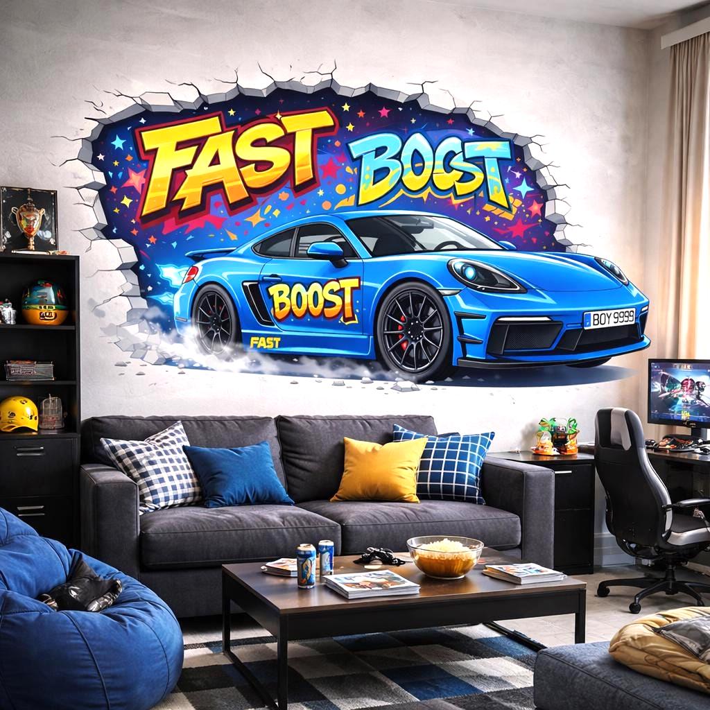3D Blue Race Car Wall Decal | Graffiti Sports Car Mural | Fast Boost Wall Sticker | Boys Room Decor | Kids Playroom Art | Car Through Wall