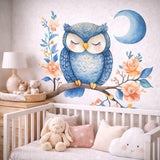 Sleeping Owl Wall Decal | Watercolor Nursery Art | Blue Owl Moon Sticker | Floral Branch Wall Mural | Baby Girl Boy Room Decor