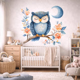 Sleeping Owl Wall Decal | Watercolor Nursery Art | Blue Owl Moon Sticker | Floral Branch Wall Mural | Baby Girl Boy Room Decor