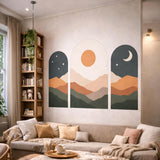 Boho Landscape Wall Art | Set Of 3 Arched Prints | Celestial Sun And Moon Decor | Mid Century Modern Mountain Art | Earthy Tone Gallery Wall