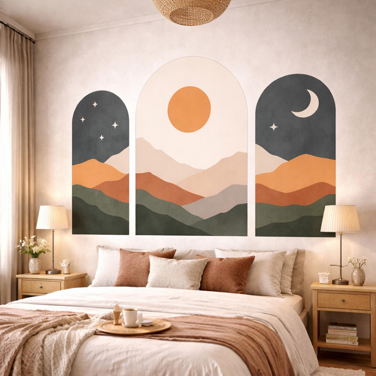 Boho Landscape Wall Art | Set Of 3 Arched Prints | Celestial Sun And Moon Decor | Mid Century Modern Mountain Art | Earthy Tone Gallery Wall
