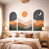 Boho Landscape Wall Art | Set Of 3 Arched Prints | Celestial Sun And Moon Decor | Mid Century Modern Mountain Art | Earthy Tone Gallery Wall
