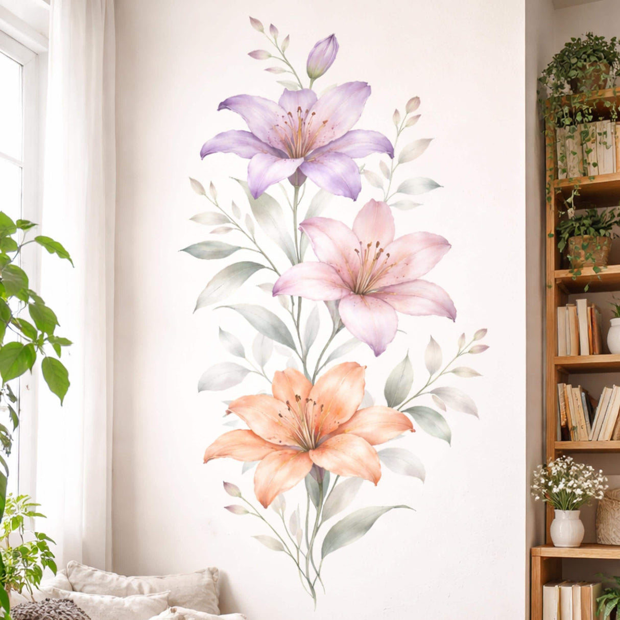 A vertical watercolor illustration of a floral arrangement featuring three large lilies on a white background. The top lily is light purple, the middle is soft pink, and the bottom is a warm peach color. They are supported by a central stem with delicate, pale green and grey leaves.