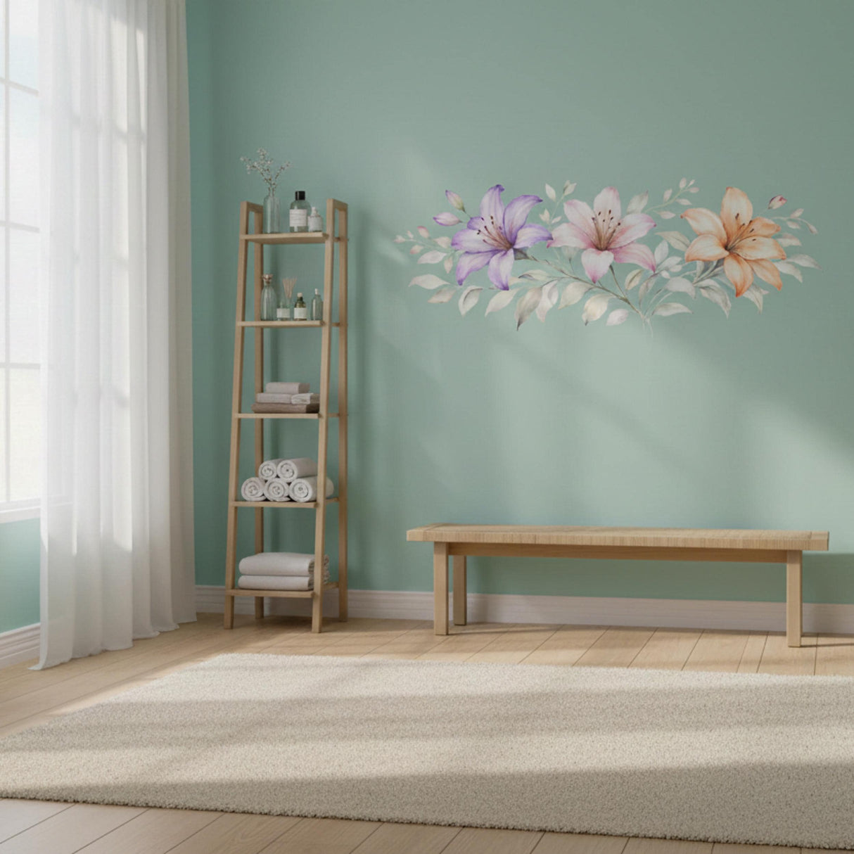 Lily Flower Wall Decal | Watercolor Floral Border | Pink and Purple Lily Art | Horizontal Botanical Mural | Nursery Wall Sticker