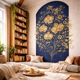 Gold Orchid Wall Decal | Navy Blue Floral Mural | Luxury Botanical Sticker | Elegant Arched Wall Art | Modern Glam Home Decor